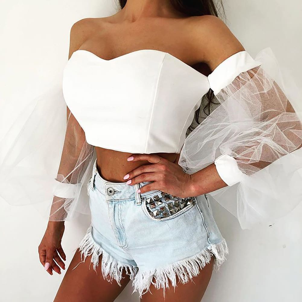 New Women Perspective Long Sleeve Tops Fashion Bubble Sleeve Crop Top Tube Blouse Shirt Summer Beach Holiday