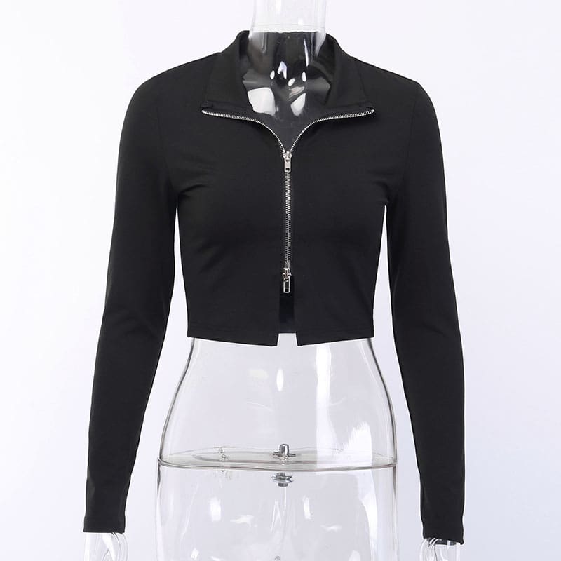 Long Sleeve Zipper Crop Top Women Shirt T-shirt Crop Top 2019 Korean Fashion Style Shirt Feminina Black Sexy Short Top