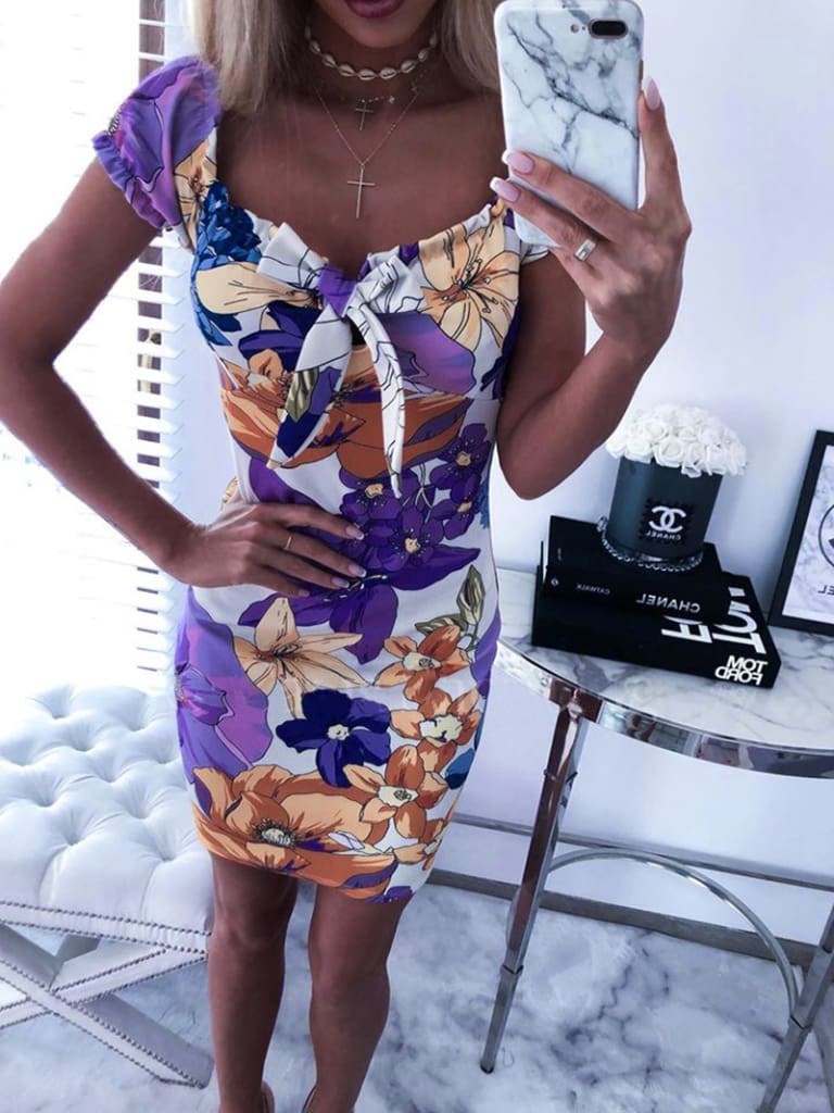 Womens Floral Printed Bodycon Short Mini Dress