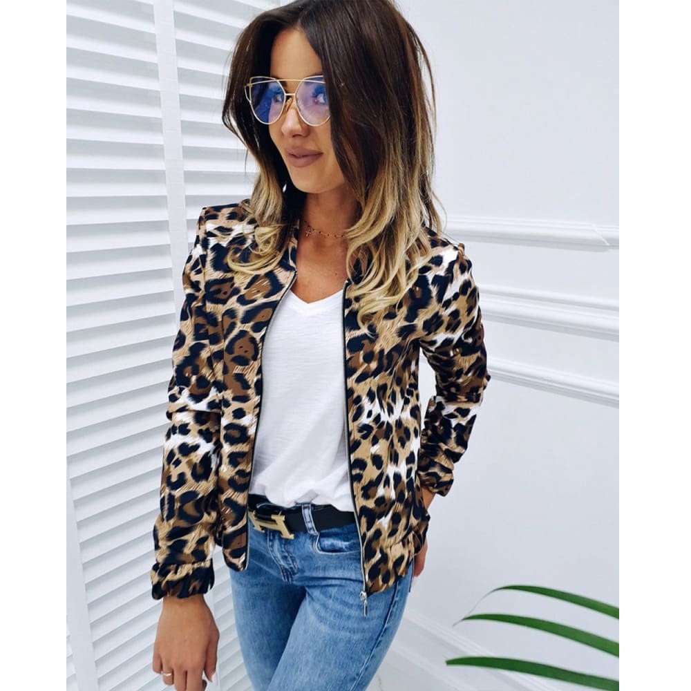 Fashion Women Long Sleeve Jacket Sweater Top Ladies Casual Leopard Print Cardigan Zipper Short Outwear Coat Jacket