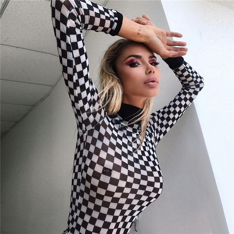 Women Plaid Long Sleeve Mesh Bodycon T-shirts Stretch Ladies Leotard Crop Tops T shirt