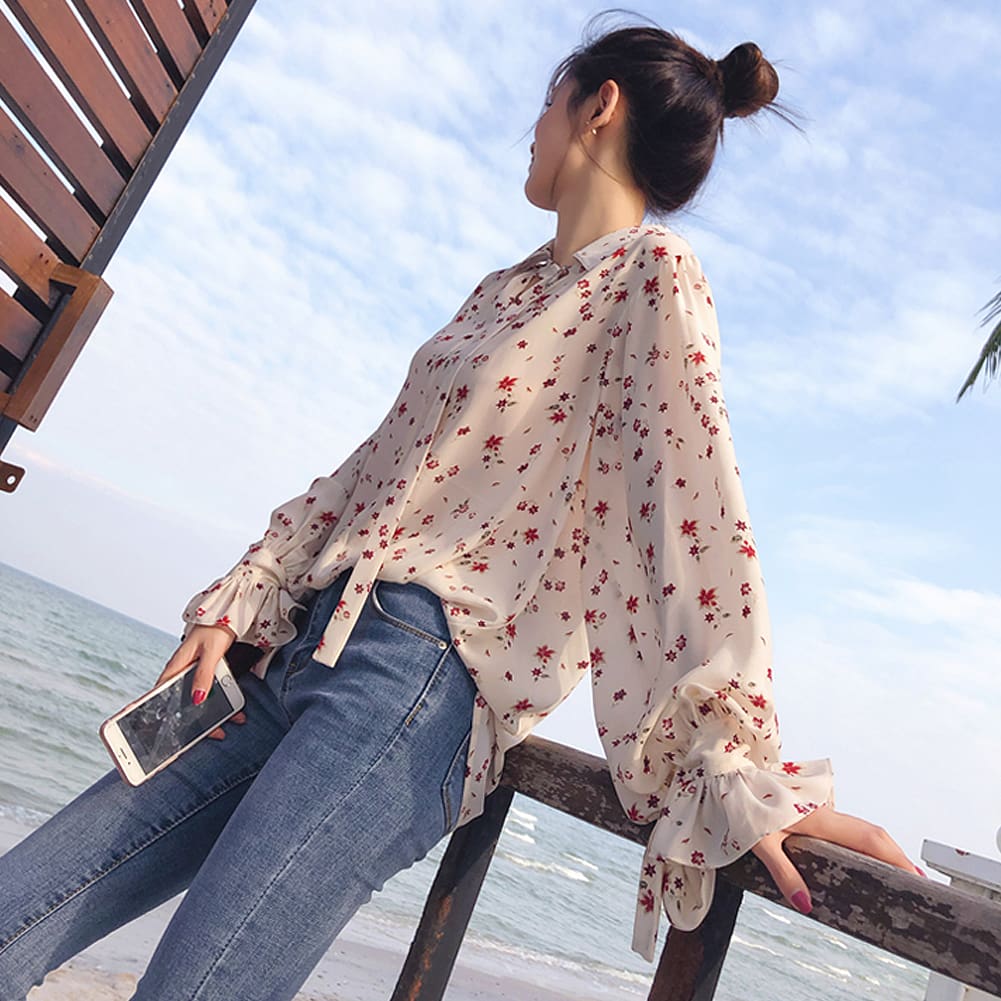 Korea Style Women Chiffon Solid Long Sleeve Blouse Fashion Ladies Summer Casual Loose Tops T Shirt Pullover Clothes