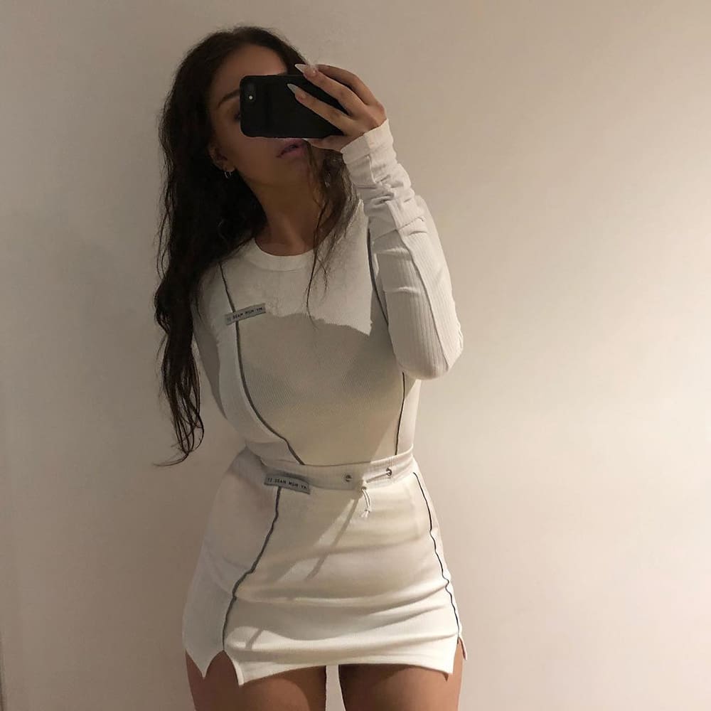 New Women¡ès Two Pieces Reflective Striped Long Sleeve Pullover Crop Top + Sexy Bottom Skirt Outfit Tracksuit