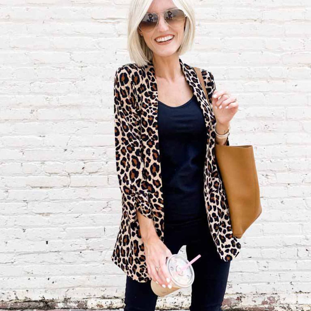 Women Fashion OL Blazer Suit Ladies Long Sleeves Leopard Cardigan Slim Fit Casual Jacket Coat Outwear Streetwear