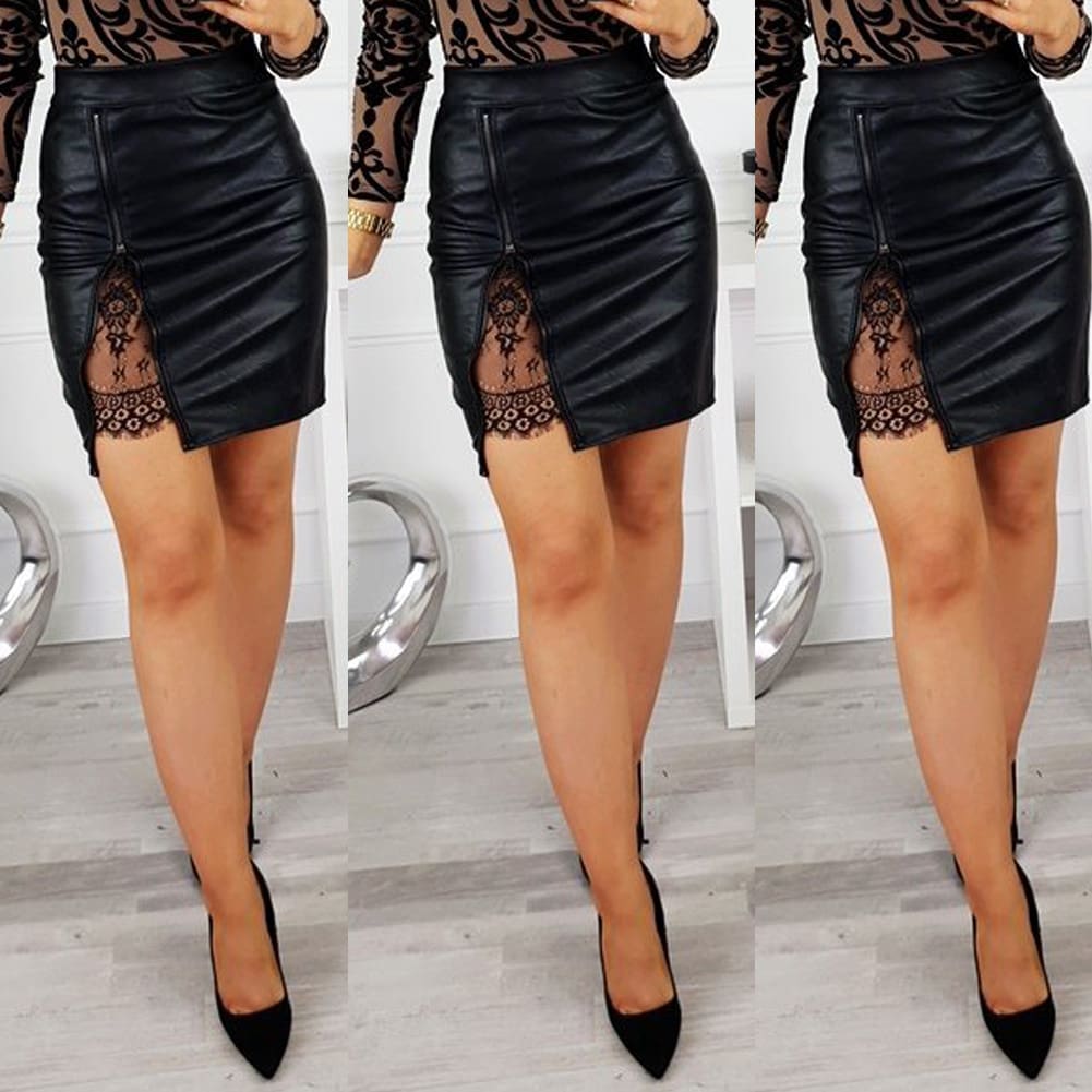 OL Formal Lace Patchwork Bodycon Skirts High Waist Zipper PU Leather Skirts