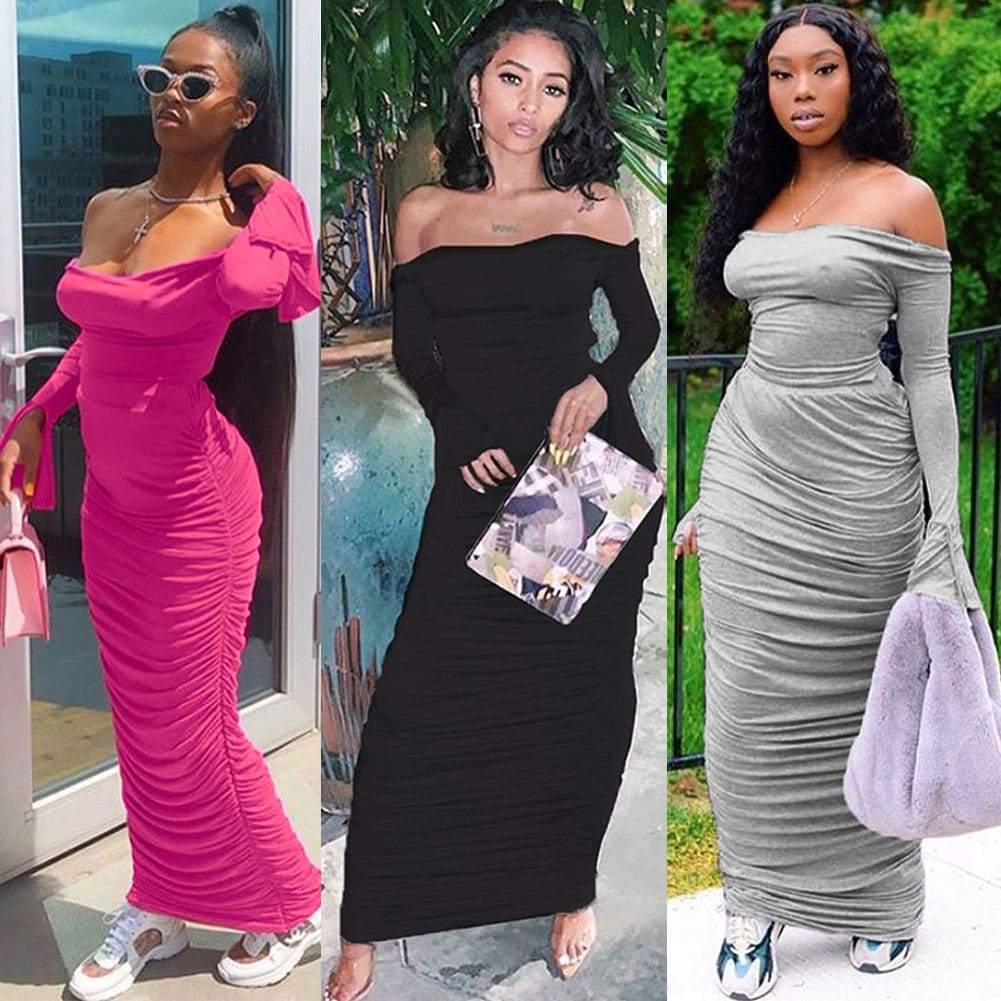 Fashion Womens Long Sleeve Bodycon Maxi Dress Secy Elegant Ladies Off Shoulder Evening Party Long Wrap Dress