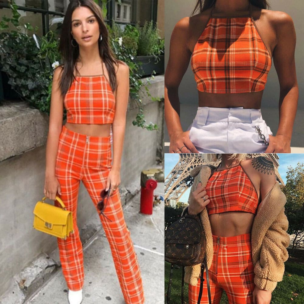 Plus Size Ladies Summer Plaid Clothes Set Fashion Women Sleeveless Holiday Crop Tops+Long Pants 2Pcs Loose Beach Outfit S-2XL