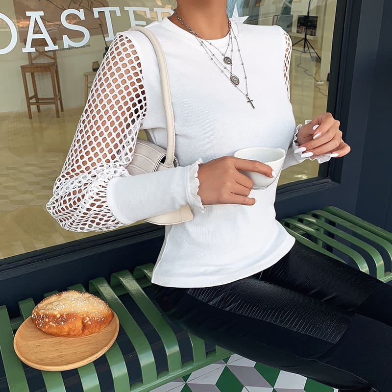 Fashion Women Mesh Long Sleeve Round Neck Sweater Jumper Tops Shirt Ladies Autumn Casual Tops Blouse Pullover