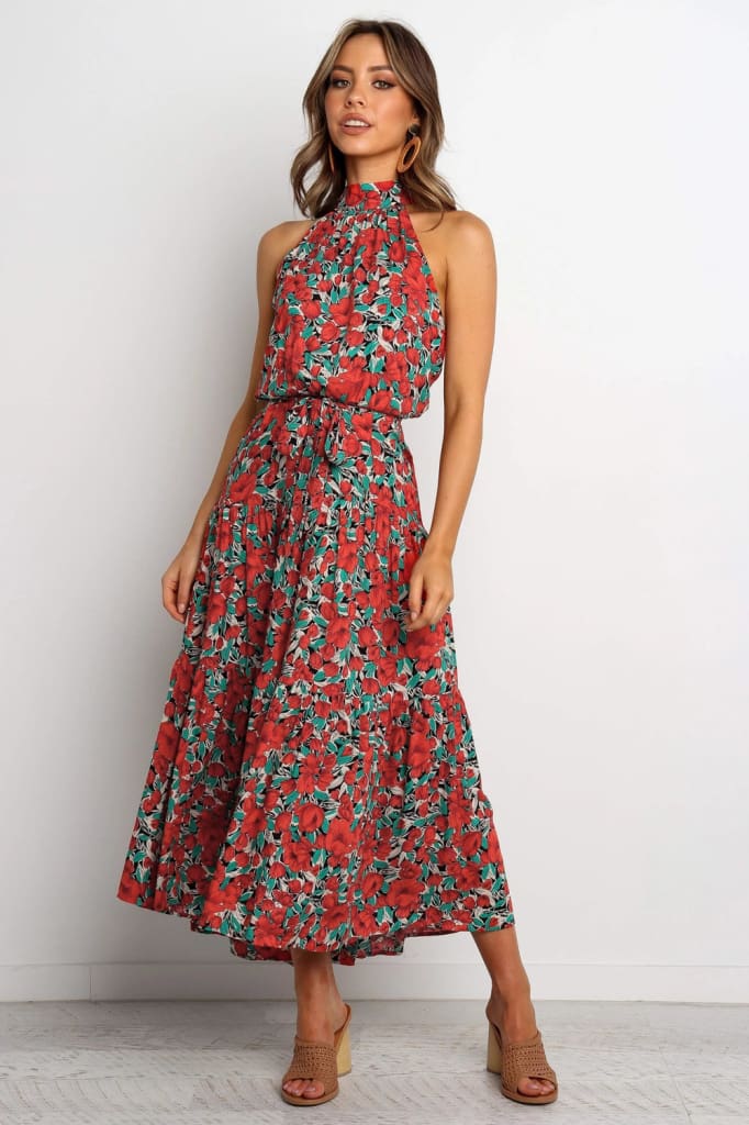 Boho Maxi Floral Dress Summer Ladies Sleeveless Halter Neck Casual Holiday Party Long Flower Dress