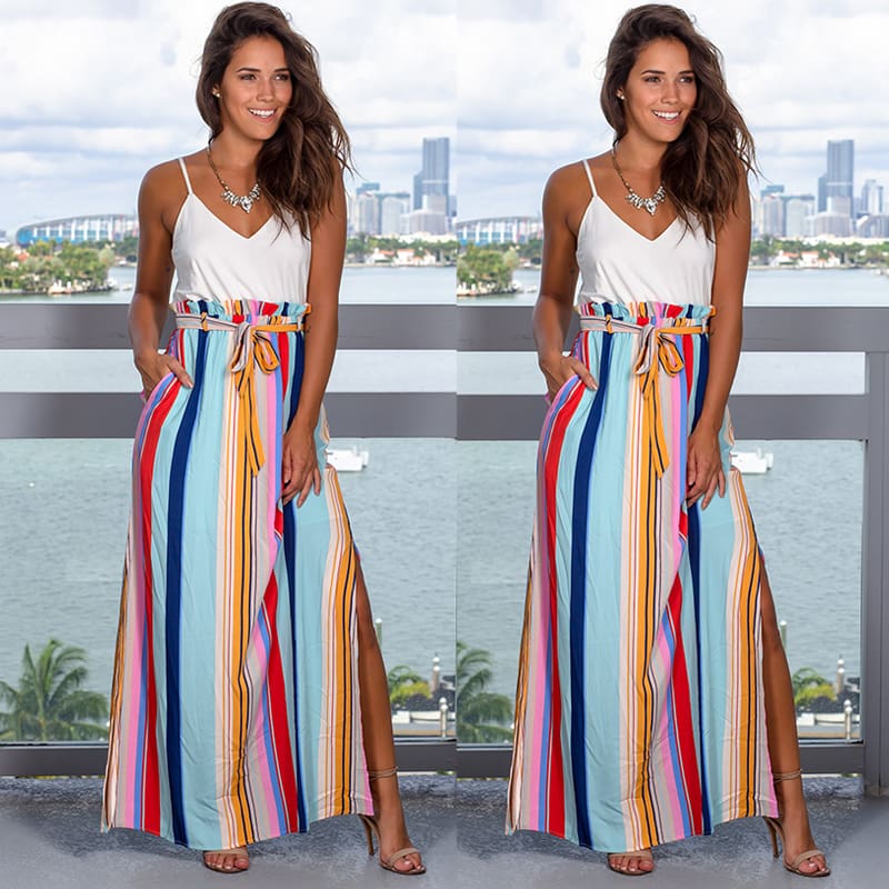 Ladies Fashion Bohemian Skirt Women Long Maxi Full Skirt Indie Folk National Colorful Loose Split High Waist Summer Buttoms