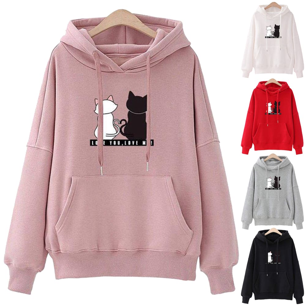 Womens Hooded Tops Fashion Long Sleeves Pocket Pullover Hoodies Solid Color Heart-Shaped Print Women Clothes