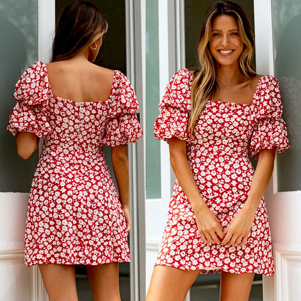 Women Wrap Boho Print Dress Ladies Holiday Beach Short Sleeve Square Neck Mini Dress