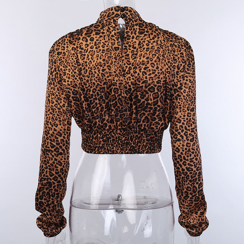 Womens Leopard Long Sleeve Tops Shirt High Neck Slim Blouse Crop Tops