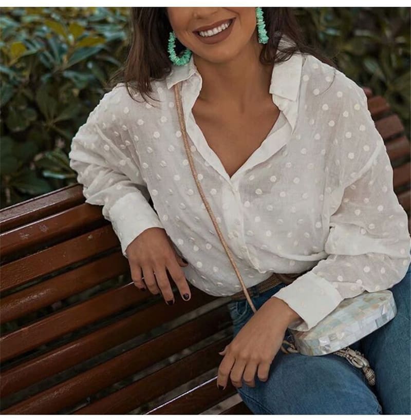 New Fashion Womens Blouse Top Elegant Long Sleeve White OL Shirt Ladies Polka Dot Casual Work Shirts Outwear