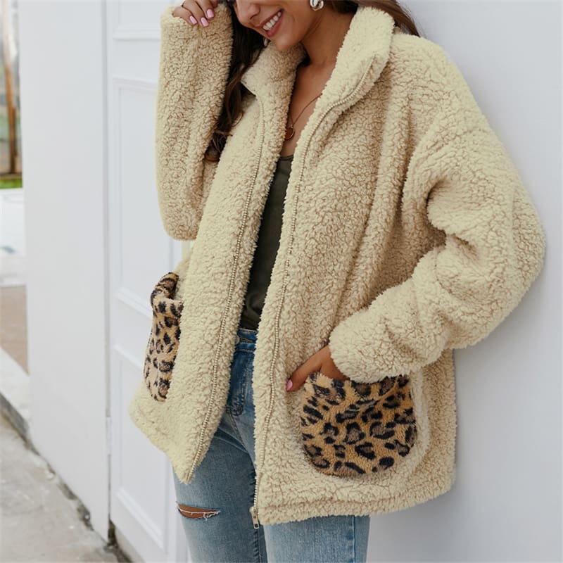 Women Coats And Jackets Plus Size Leopard Pocket Winter Warm Fleece Coats