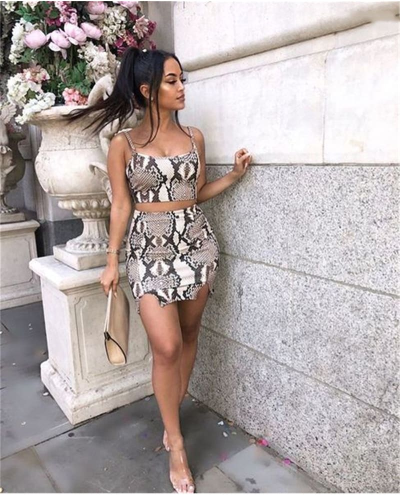 Fashion Ladies Snake Print Two Piece Set Streetwear Women Summer Sleeveless Bandage Crop Top Skirt set Party Club Outfit Set