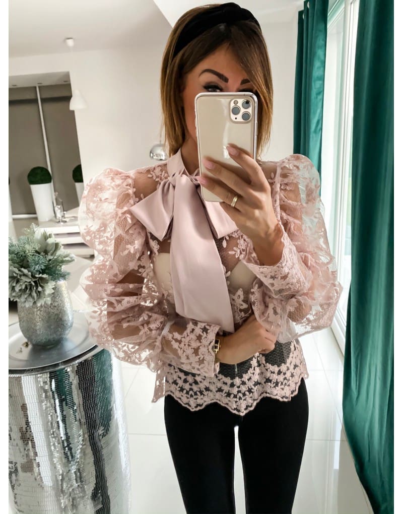 Lace Crochet Womens Tops and Blouses Elegant Sheer Mesh Long Puff Sleeve OL Shirt Ladies See Through Transparent blusa feminina