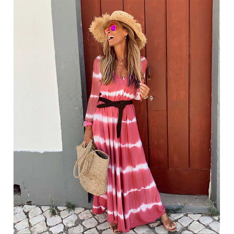 Women Boho Long Sleeve Striped V Neck Long Maxi Dress 2019 Fashion Ladies Autumn Fall Wrap Dresses Sundress