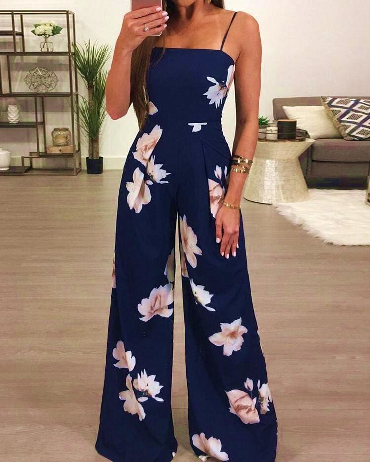 Floral Dungarees Jumpsuit Fashion Trend Sling Print Wide Leg Loose Long Pant Trousers