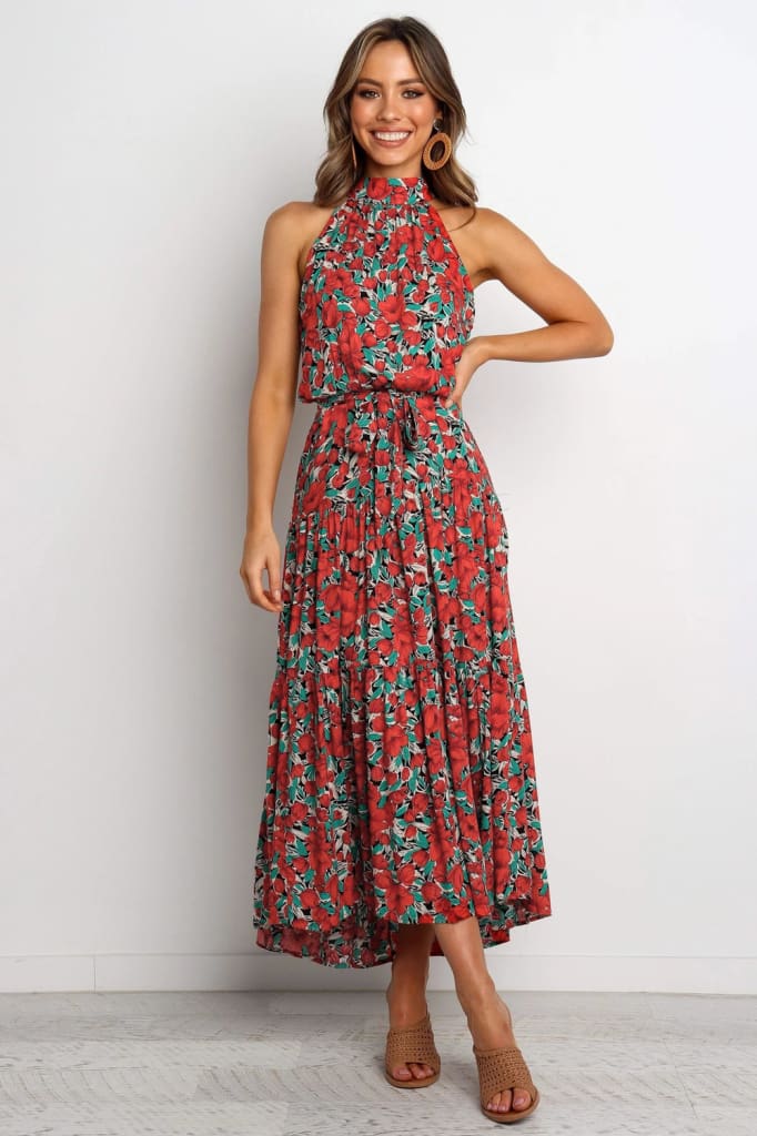 Boho Maxi Floral Dress Summer Ladies Sleeveless Halter Neck Casual Holiday Party Long Flower Dress