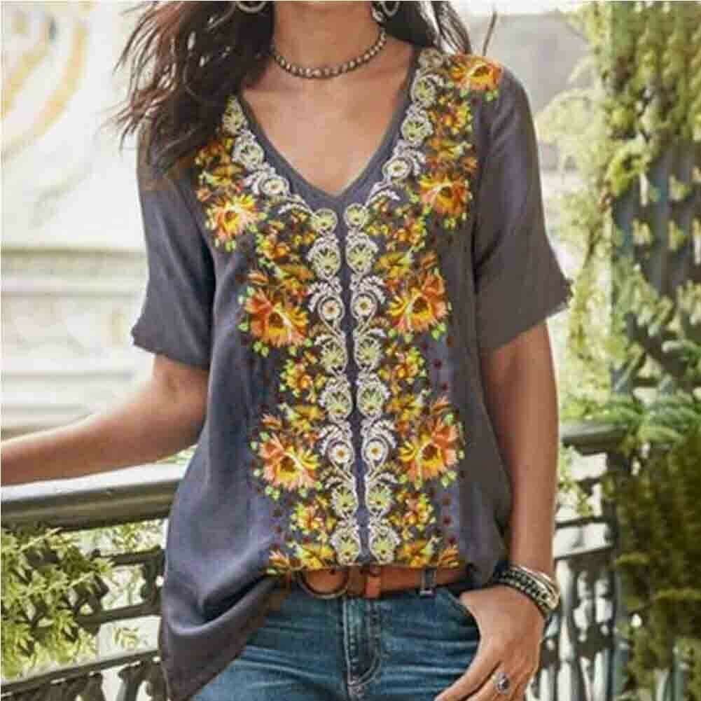 2019 Fashion Womens Summer Boho Floral Tunic Top V Neck Plus Size Ladies Casual Loose Tops T-Shirt Streetwear