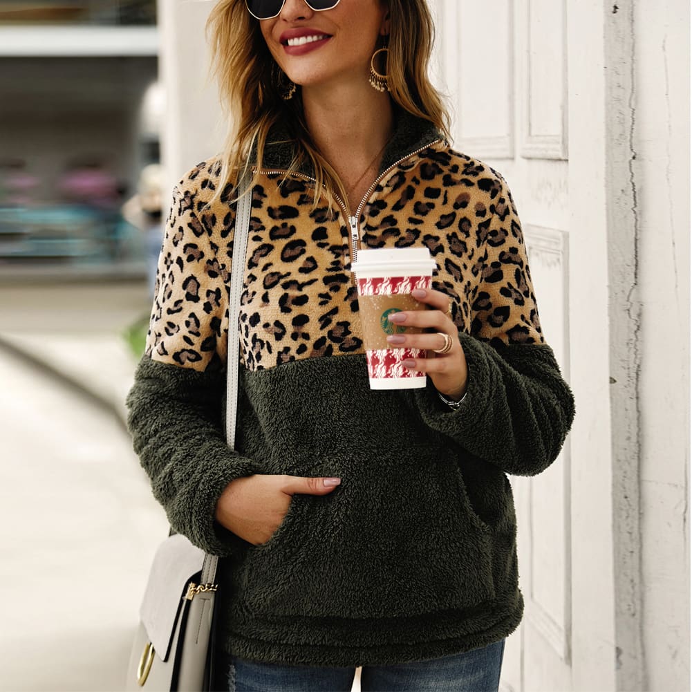 Women Long Sleeve Fleece Loose Winter Warm Coat Casual Jumper Pullover Tops Leopard Women Jacket Casual Outerwear