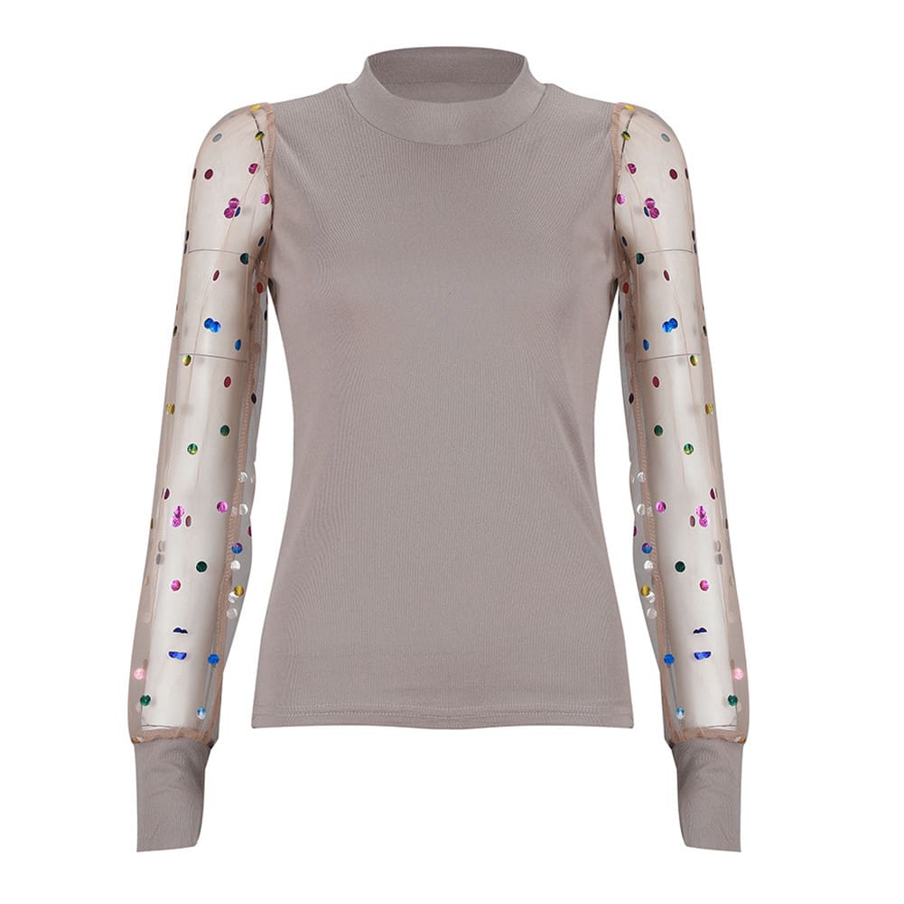 Fashion Women Mesh Sheer Bling Puff Sleeve Jumper Knitwear Tops Shirt Ladies Autumn Casual Slim Fit Blouse