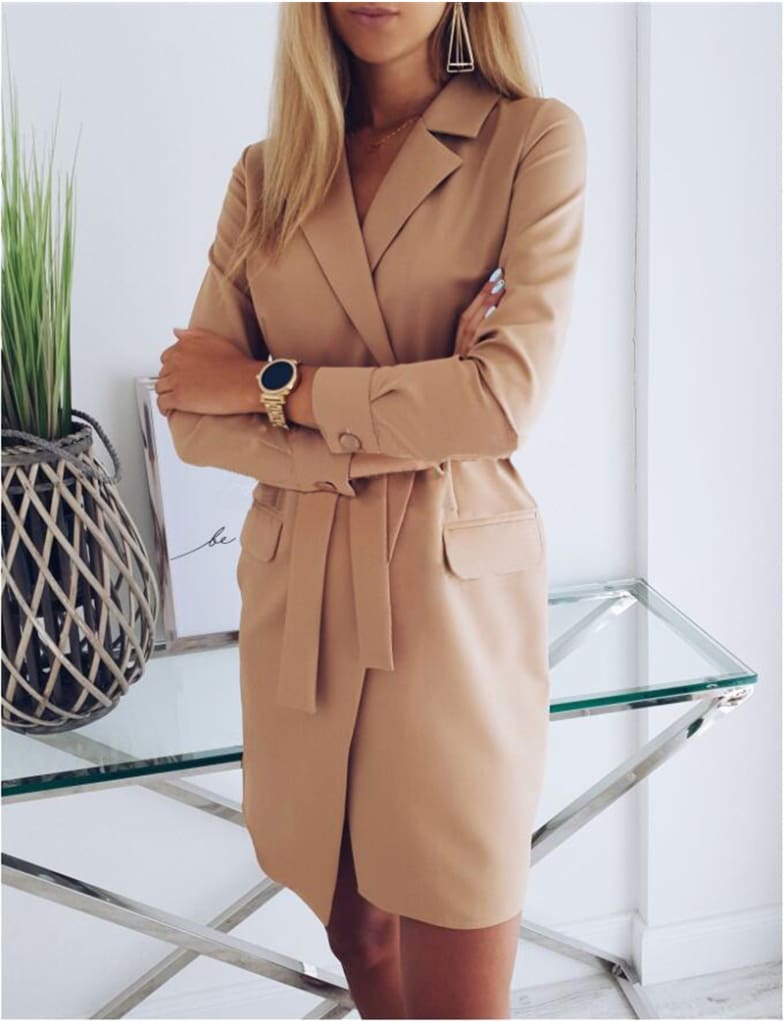 Womens Cardigan Elegant Long Sleeve Basic Lapel Blazer Solid Color Slim Fit Long Jacket Coat Suit with Belt