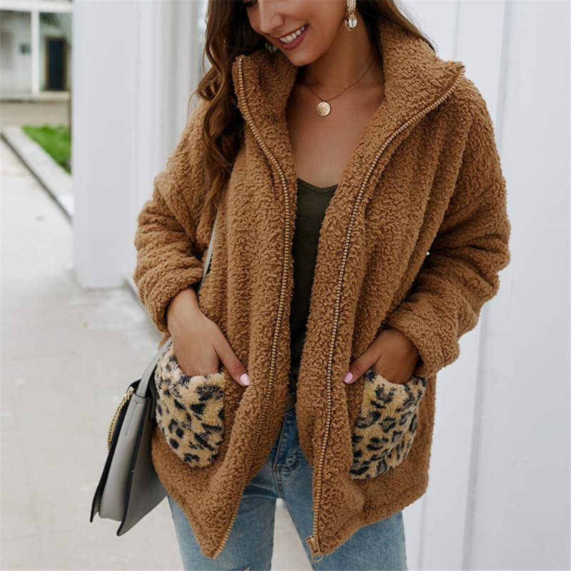 Women Coats And Jackets Plus Size Leopard Pocket Winter Warm Fleece Coats