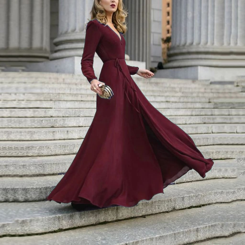 Vintage Formal Dress Women Lady V Neck Long Sleeve Maxi Dress Autumn Winter Evening Party Wedding Prom Gown Dress