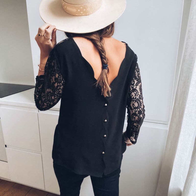 Black lace Blouse Women Elegant Long Sleeve Sexy V Neck Shirts Tops