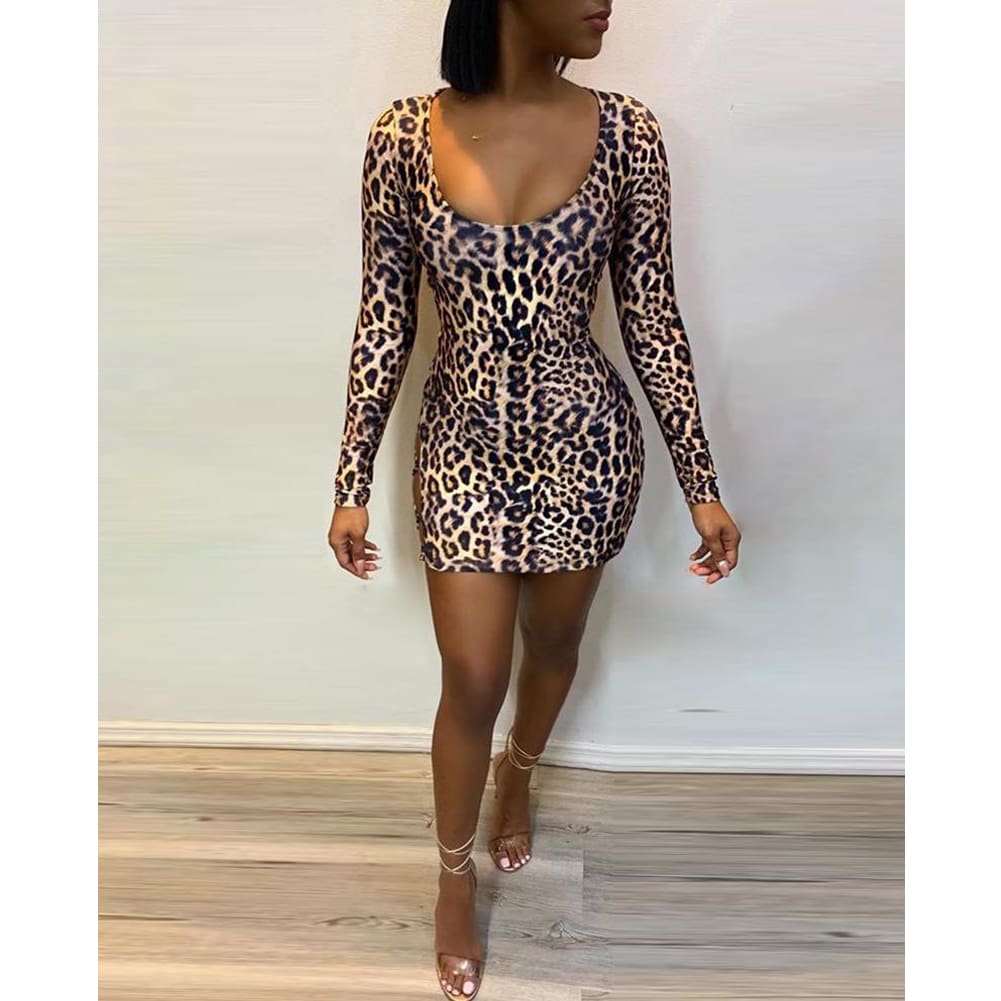 Women Bodycon Backless Dress Sleeveless Ladies Evening Party Club Leopard Slim Mini Sexy Dress