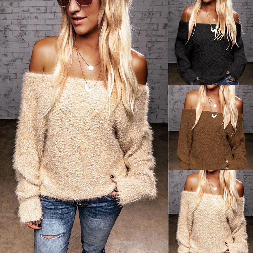 Women Knitted Sweater Jumper Blouse Shirt Autumn Winter Off Shoulder Casual Sweatshirt Pullover Blouse Tunic Tops