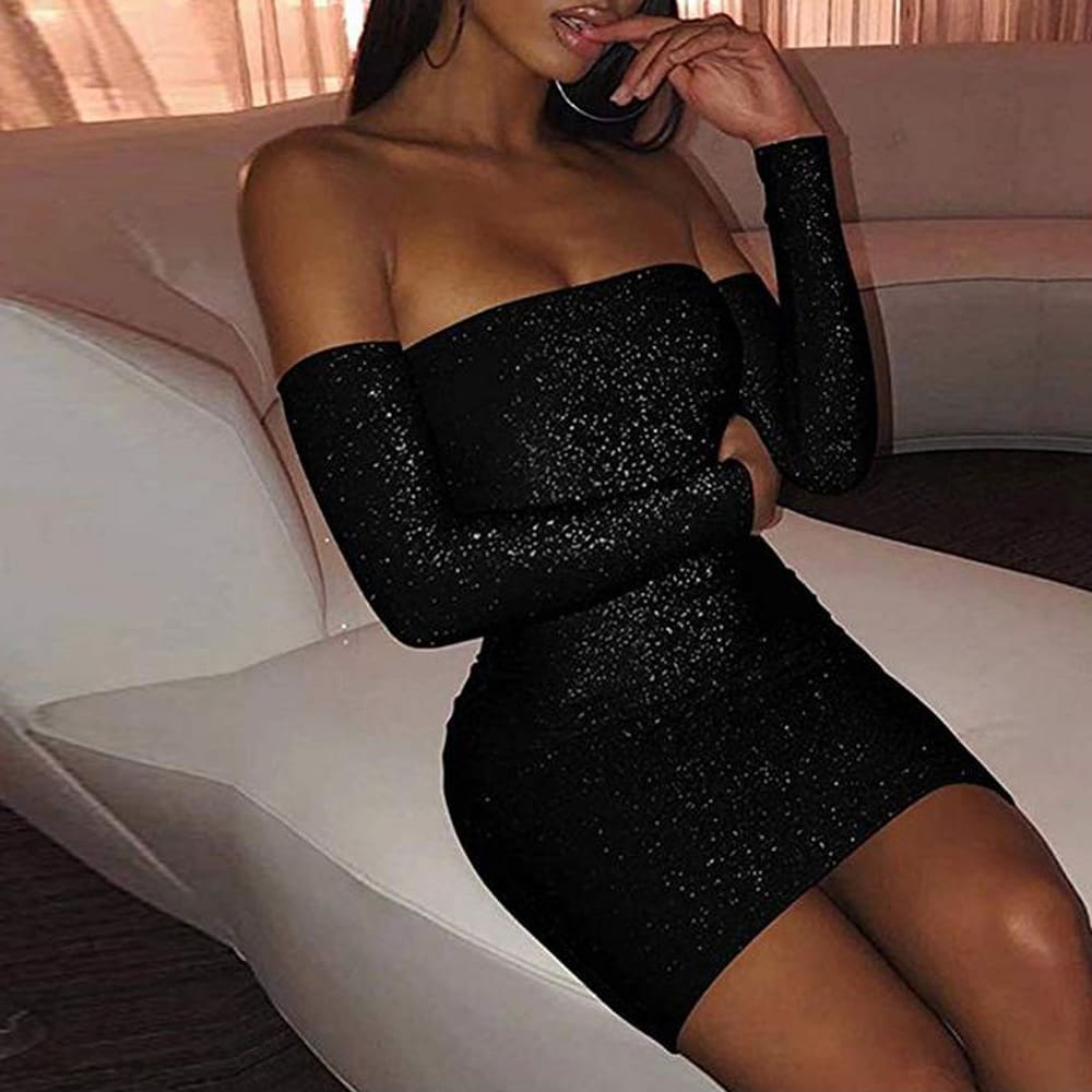 Women Bling Bodycon Mini Dress Elegant Strapless Off Shoulder Long Sleeve Party Club Short Ladies Dresses