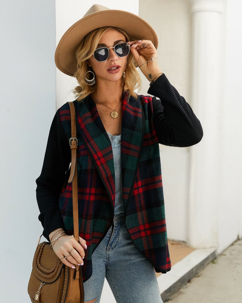 Women Casual Jacket Blazer Fashion Plaid Checks Winter Long Sleeve Cardigan Knitwear Outwear Coat Suit Jumper Top