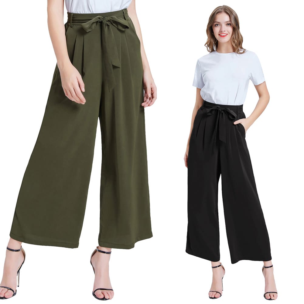 Women Elastic High Waist Casual Belt Trousers Straight Leg Long Pants