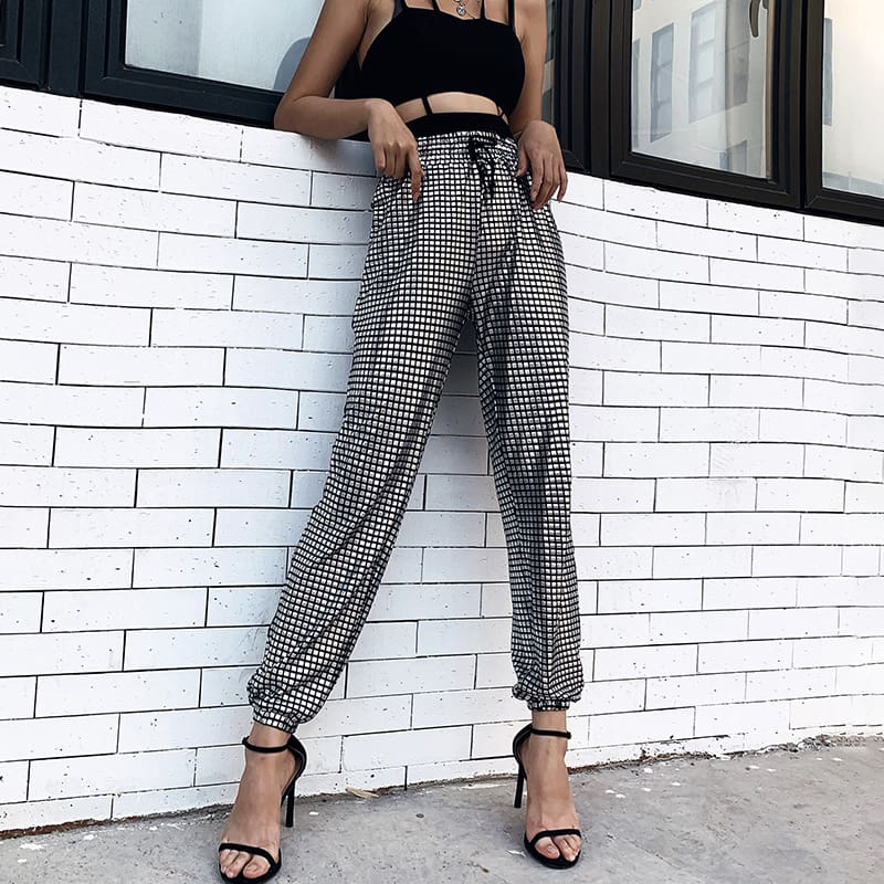 Women Ladies Plaid Hip Hop Dance Combat Cargo Jersey Trousers High Waist Loose Glitter Long Pants