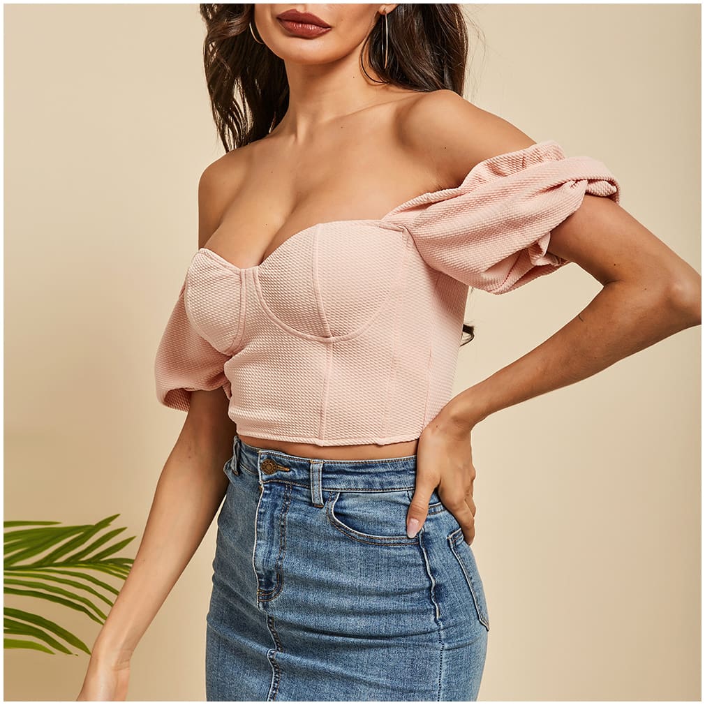 Women Ruffles Square Collar Crop Top Women Blouses Summer Vintage Half Puff Sleeve Ladies Tops Shirts