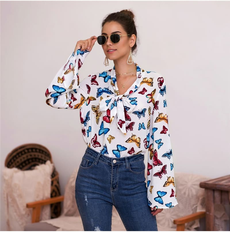 Boho Holiday Women Tops Shirt Elegant Long Sleeve Floral Shirt Ladies Long Sleeve V Neck Loose T shirt Streetwear