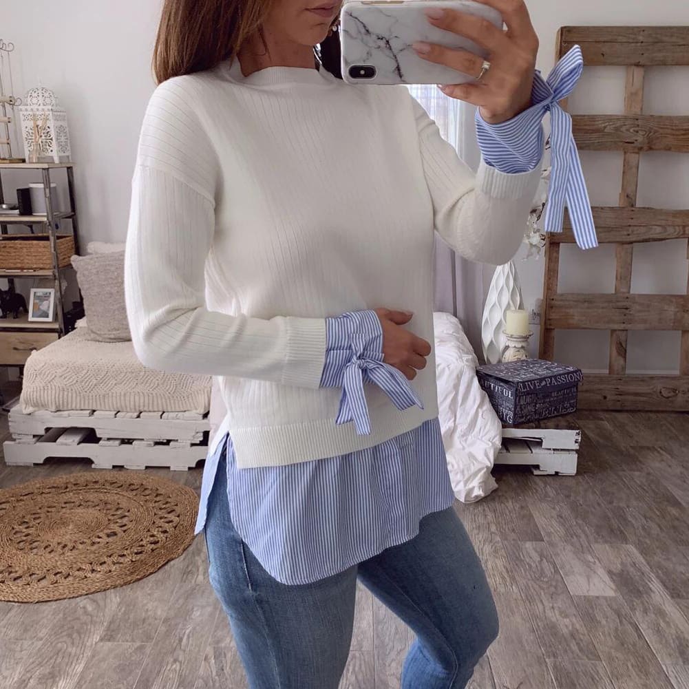 Fashion Women Casual Bowknot Round Neck Pullover Blouse Tops Autumn Lady Long Sleeve Patchwork Sweater Jumper Shirt