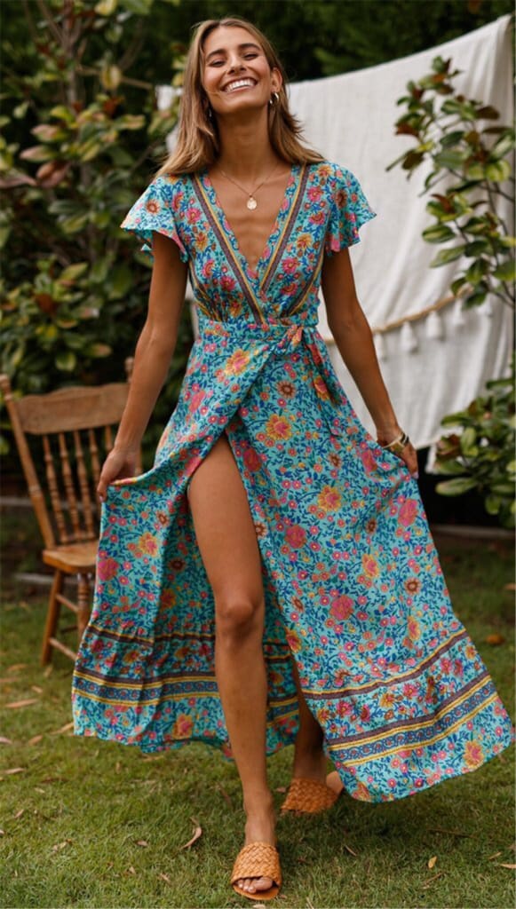 Holiday Long Dress Womens Boho Dresses Lady Boho Floral V-neck Long Maxi Dress Summer Beachwear Sundress