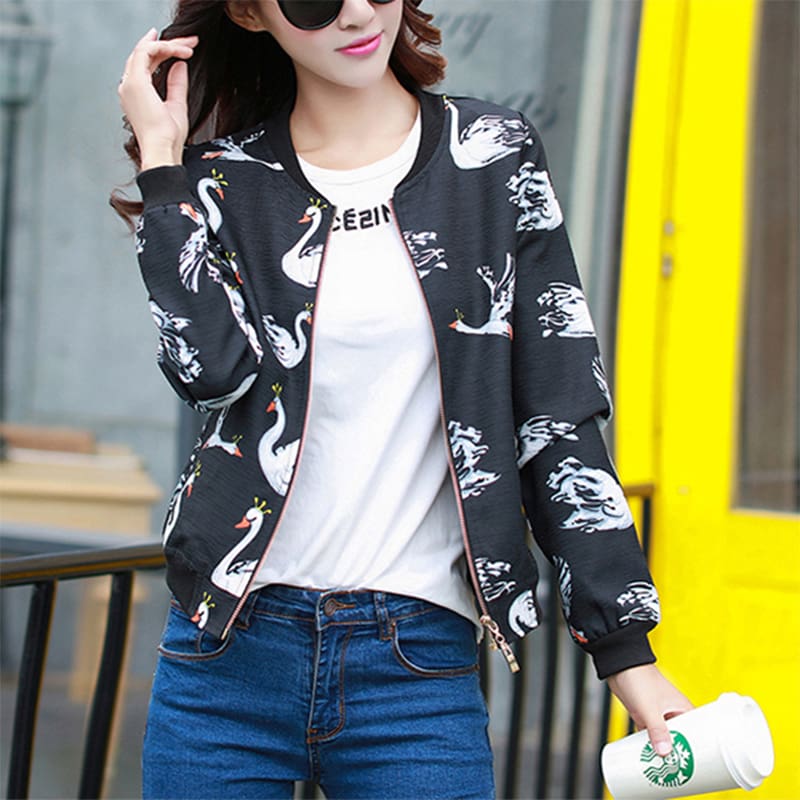 Womens Autumn Winter Bomber Jacket Classic New Fashion Ladies Casual Zip Up Biker Floral Coats Black Women Clothes