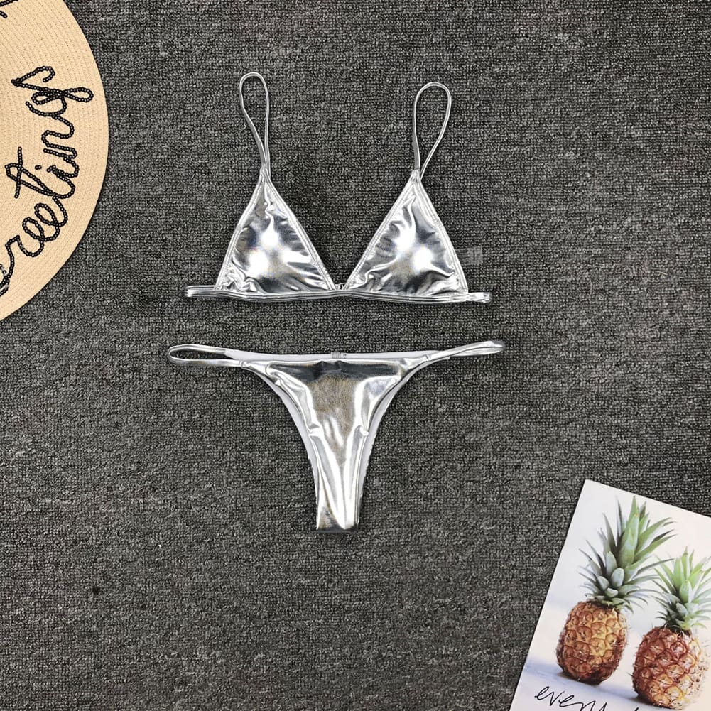 Women String Micro Bikinis Brazil Thong Swimsuit Silver Strap Two Piece Swimwears