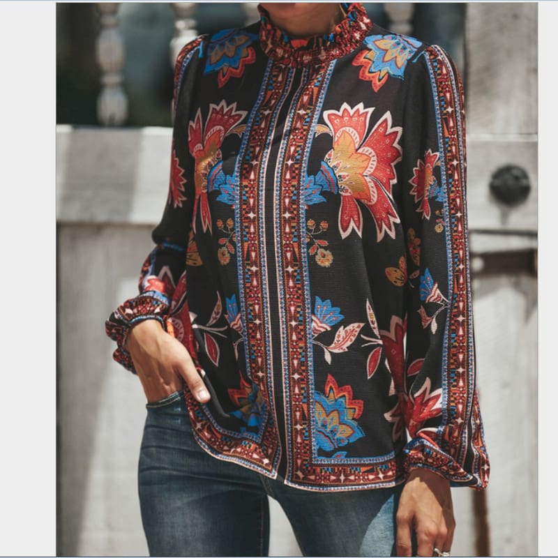 Womens Blouses Fashion Ladies Floral Casual Pattern Ethnic Shirt Women Loose Tops Long Sleeve Blouse