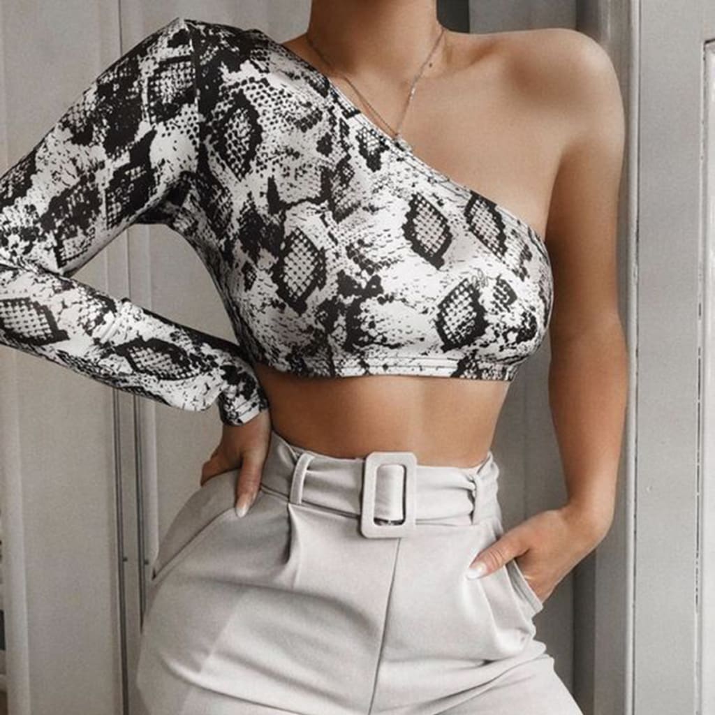 Summer Women Lady Casual Snake Print One shoulder Elastic Tube Crop Tops Vest Fashion Beach Streetwear