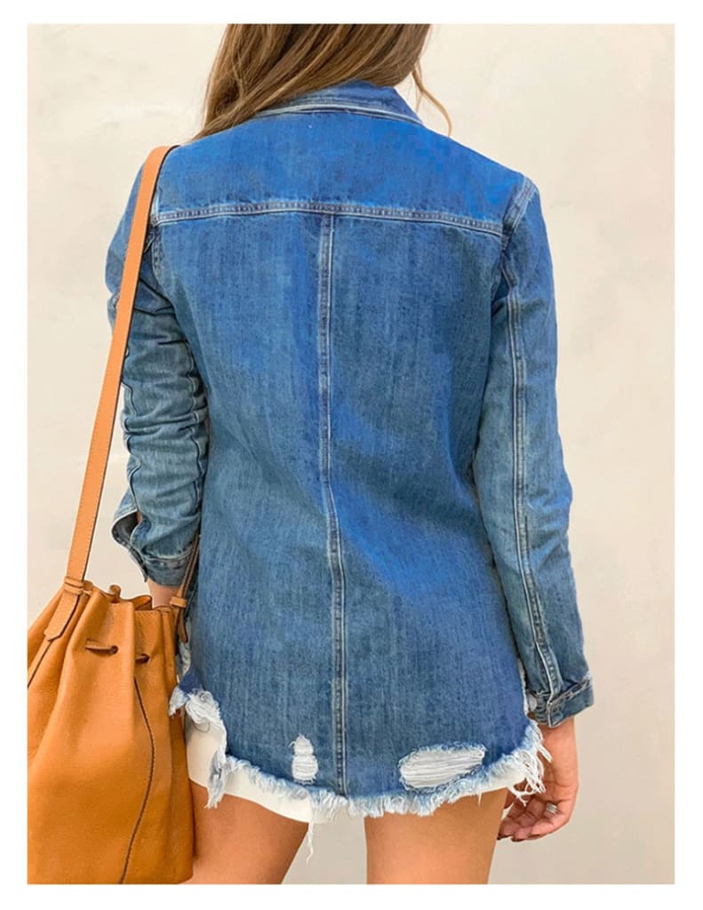 New Fashion Autumn Womens Hole Patch Denim Ripped Jeans Distressed Denim Long Sleeve Jacket Coat Outwear Streetwear