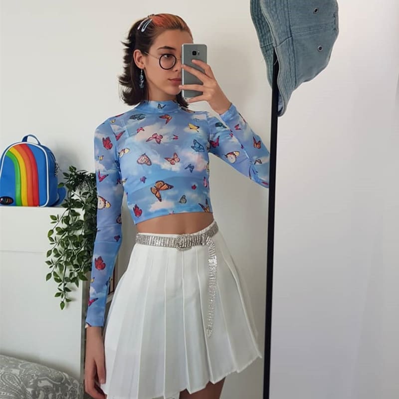 Women Butterfly Pattern See Through T Shirt Lace Mesh Sheer T-Shirt Long Sleeve Cropped Top Turtleneck Tees