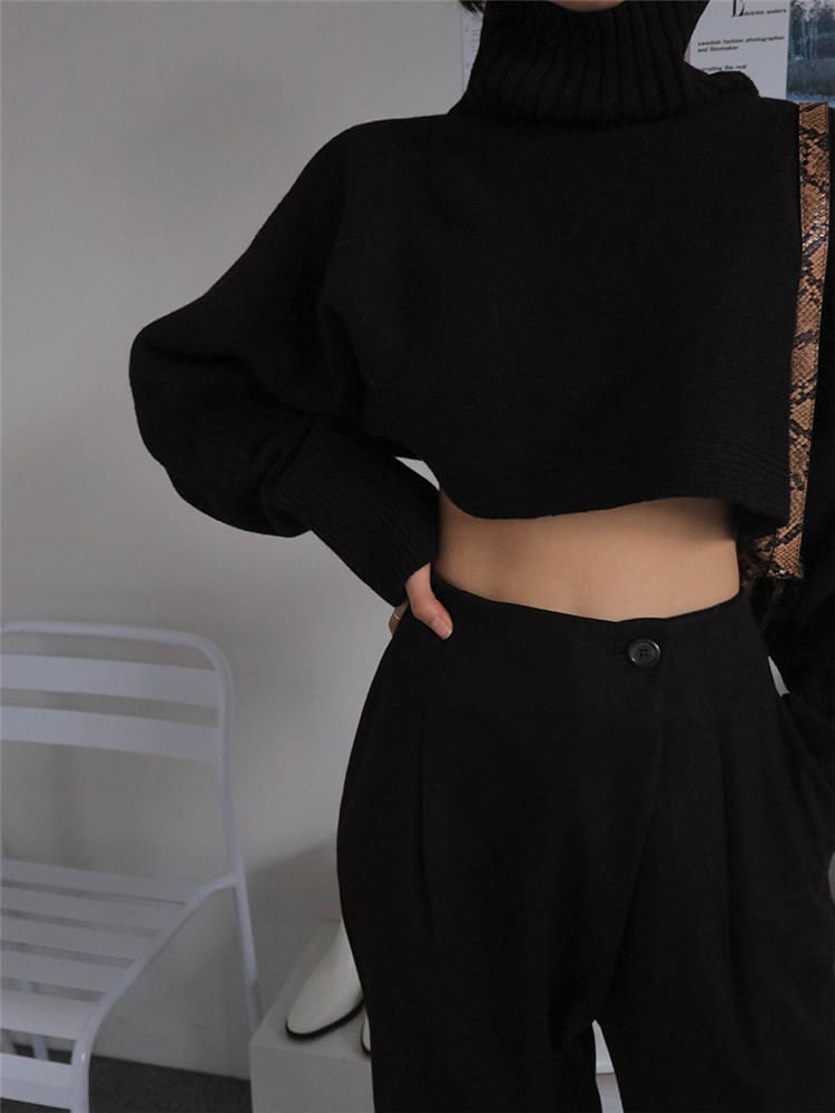 Retro Turtleneck Women Sweater Long Sleeve High Waist Knitted Pullover