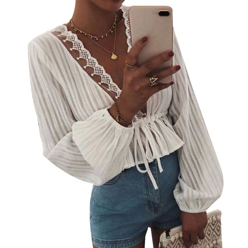 2019 High Street Womens Striped Blouse Lace Deep V Neck Long Lantern Sleeve Shirts Eleghant Lady Waist Lace-up Blouses