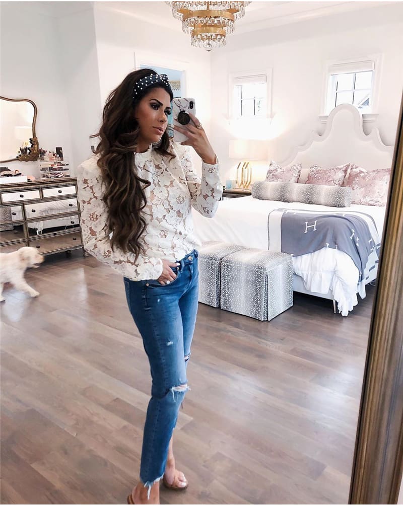 Fashion Boho Beach Floral Women Tops Elegant Ladies Long Sleeve Hollow out Lace Shirt Floral Casual Streetwear